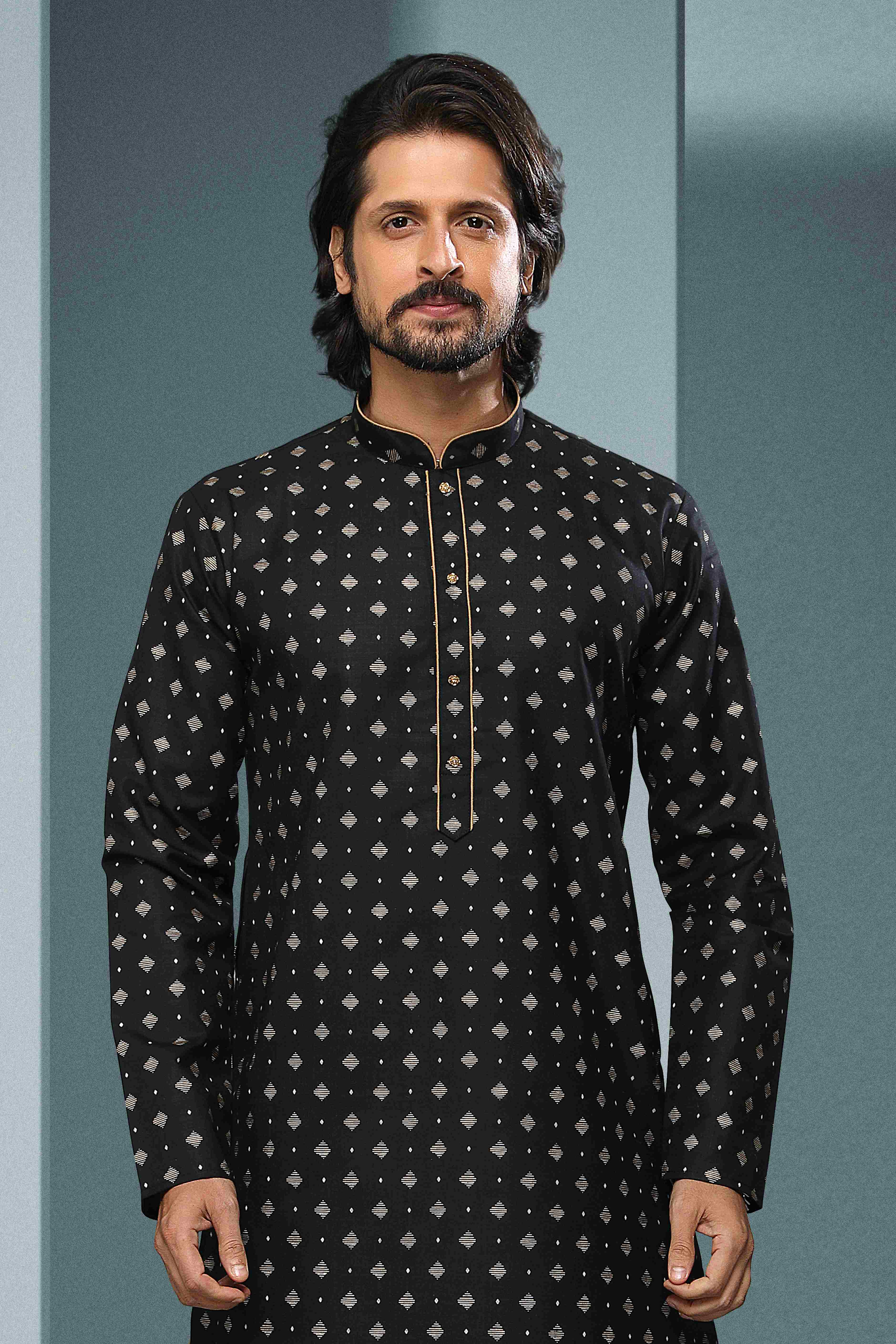 Raivat Ethnic Cotton Digital Print Kurta Pajama In Black Colour