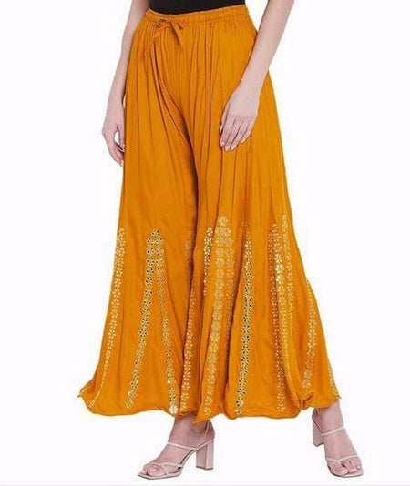 PAVONINE Mustard Color Embroidery Floral Patch Work Flared Sharara For Women