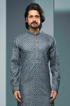 Raivat Ethnic Cotton Digital Print Mirror Work Kurta Pajama In Grey Colour
