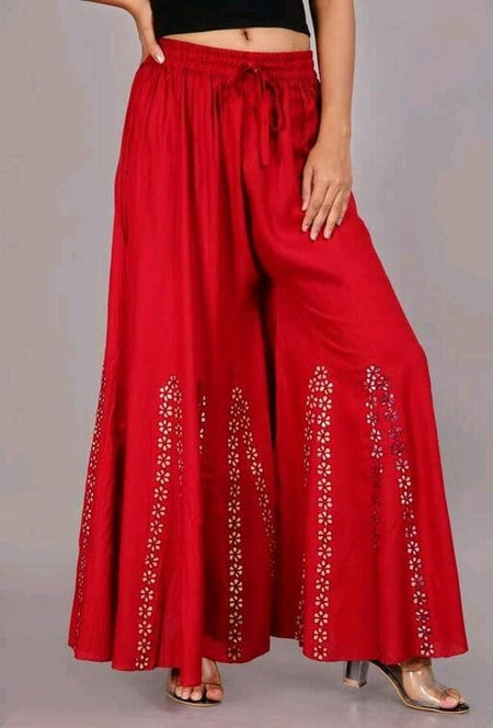 PAVONINE Red Color Embroidery Floral Patch Work Flared Sharara For Women