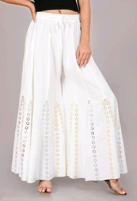 PAVONINE White Color Embroidery Floral Patch Work Flared Sharara For Women