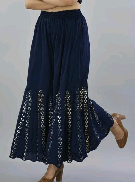 PAVONINE Navy Blue Color Embroidery Floral Patch Work Flared Sharara For Women