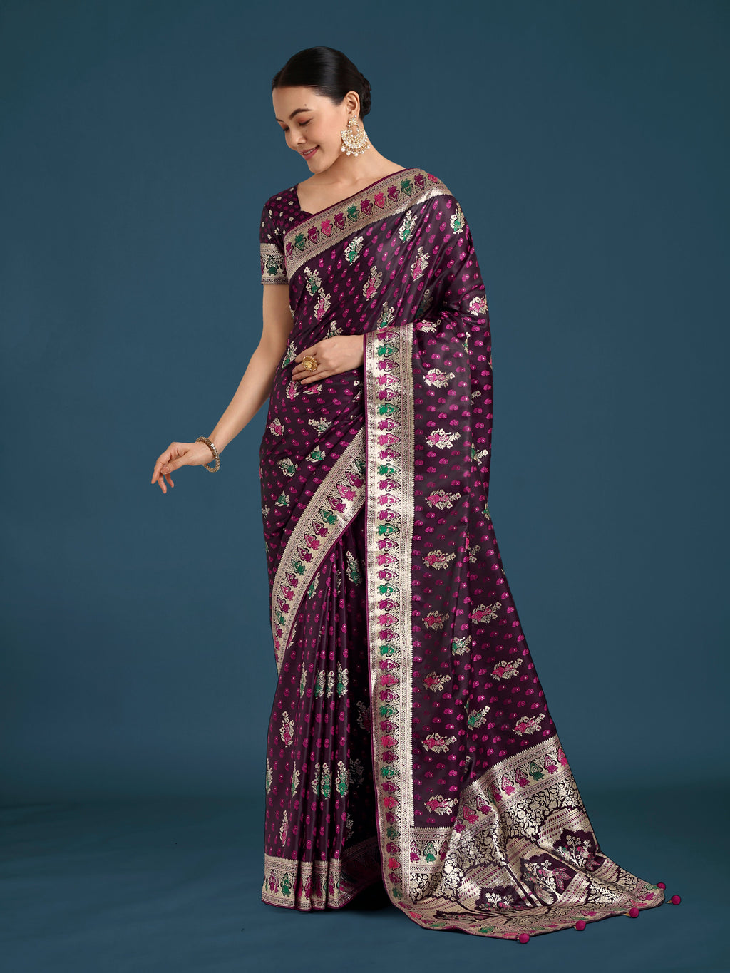 Monjolika Fashion Wine With Gold Bordar Banarasi Zari Woven Satin Saree - Distacart
