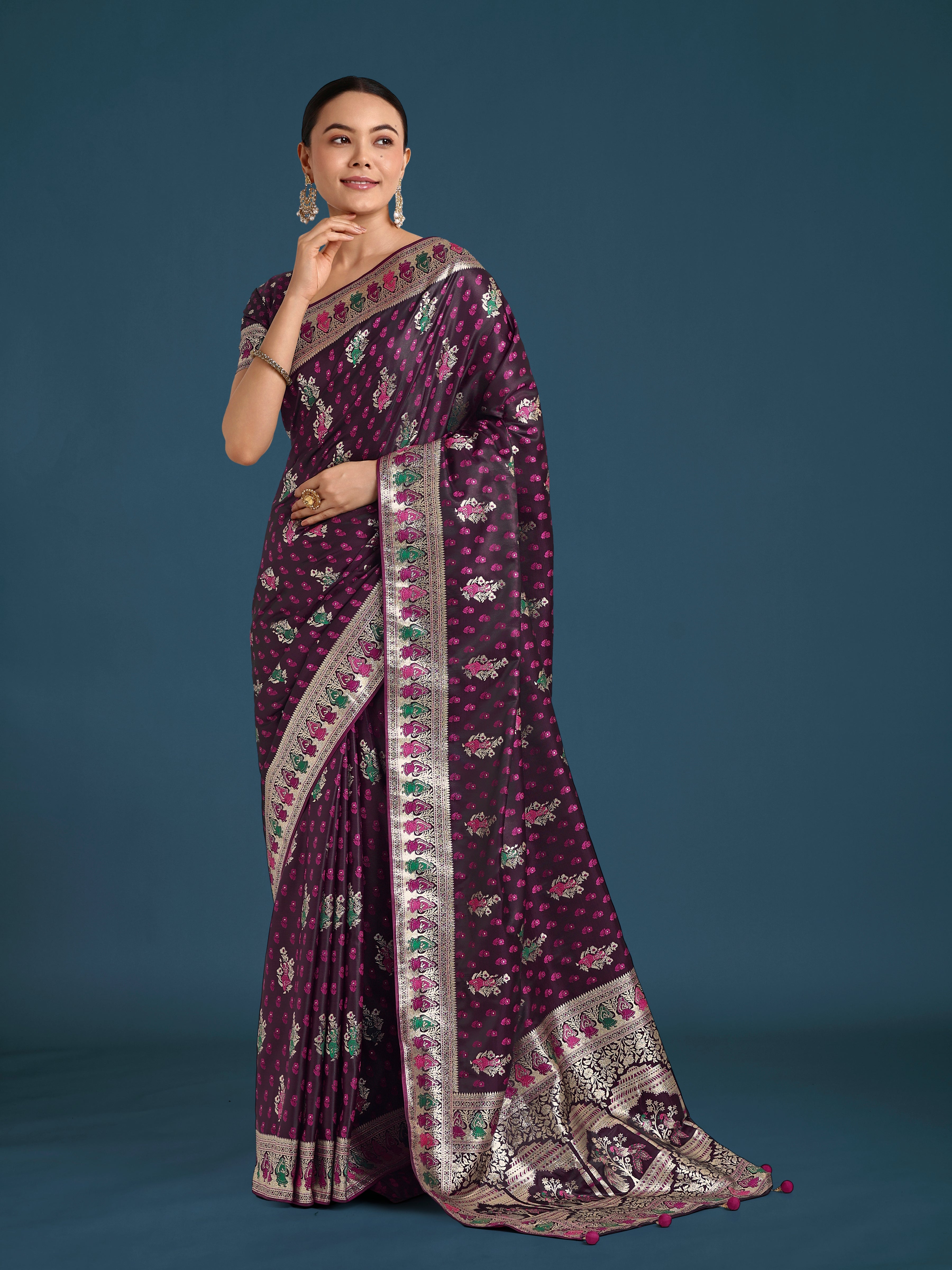Monjolika Fashion Wine With Gold Bordar Banarasi Zari Woven Satin Saree - Distacart