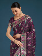 Monjolika Fashion Wine With Gold Bordar Banarasi Zari Woven Satin Saree - Distacart