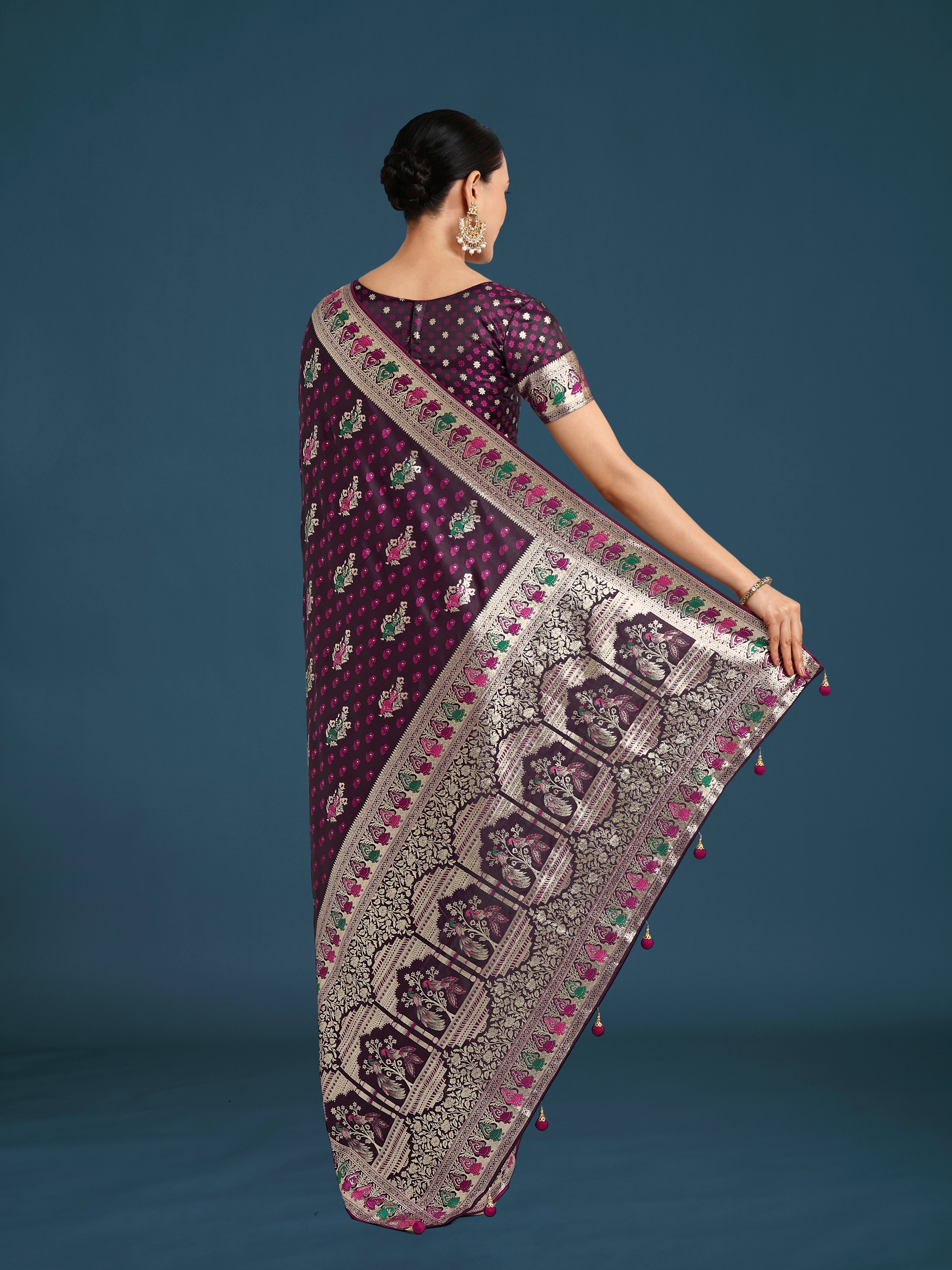 Monjolika Fashion Wine With Gold Bordar Banarasi Zari Woven Satin Saree - Distacart
