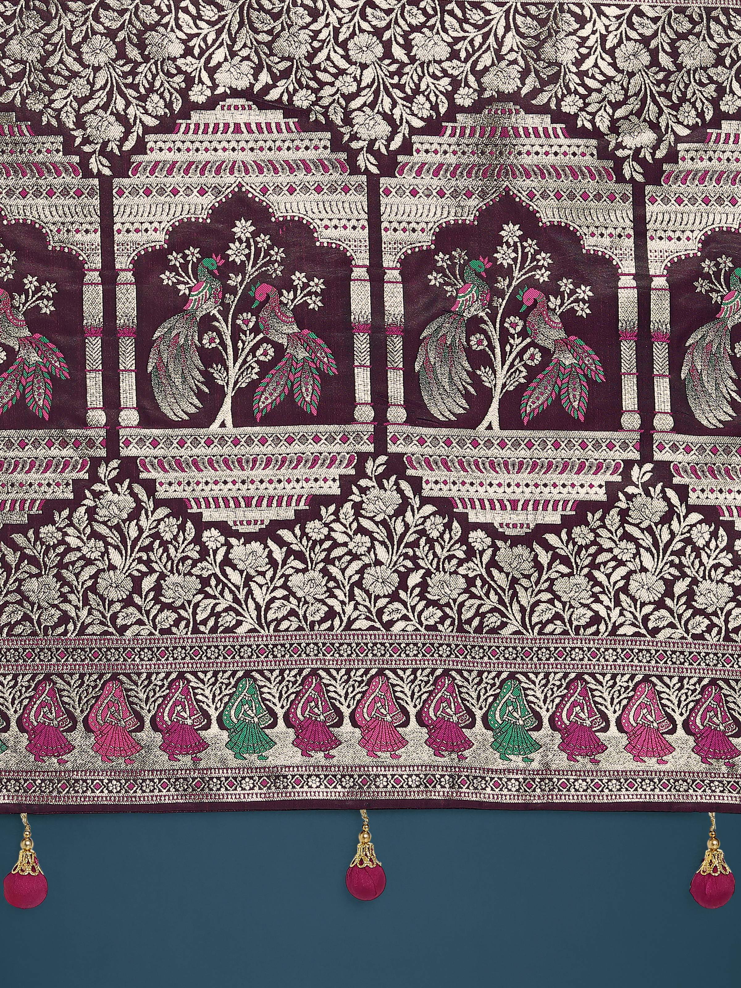 Monjolika Fashion Wine With Gold Bordar Banarasi Zari Woven Satin Saree - Distacart