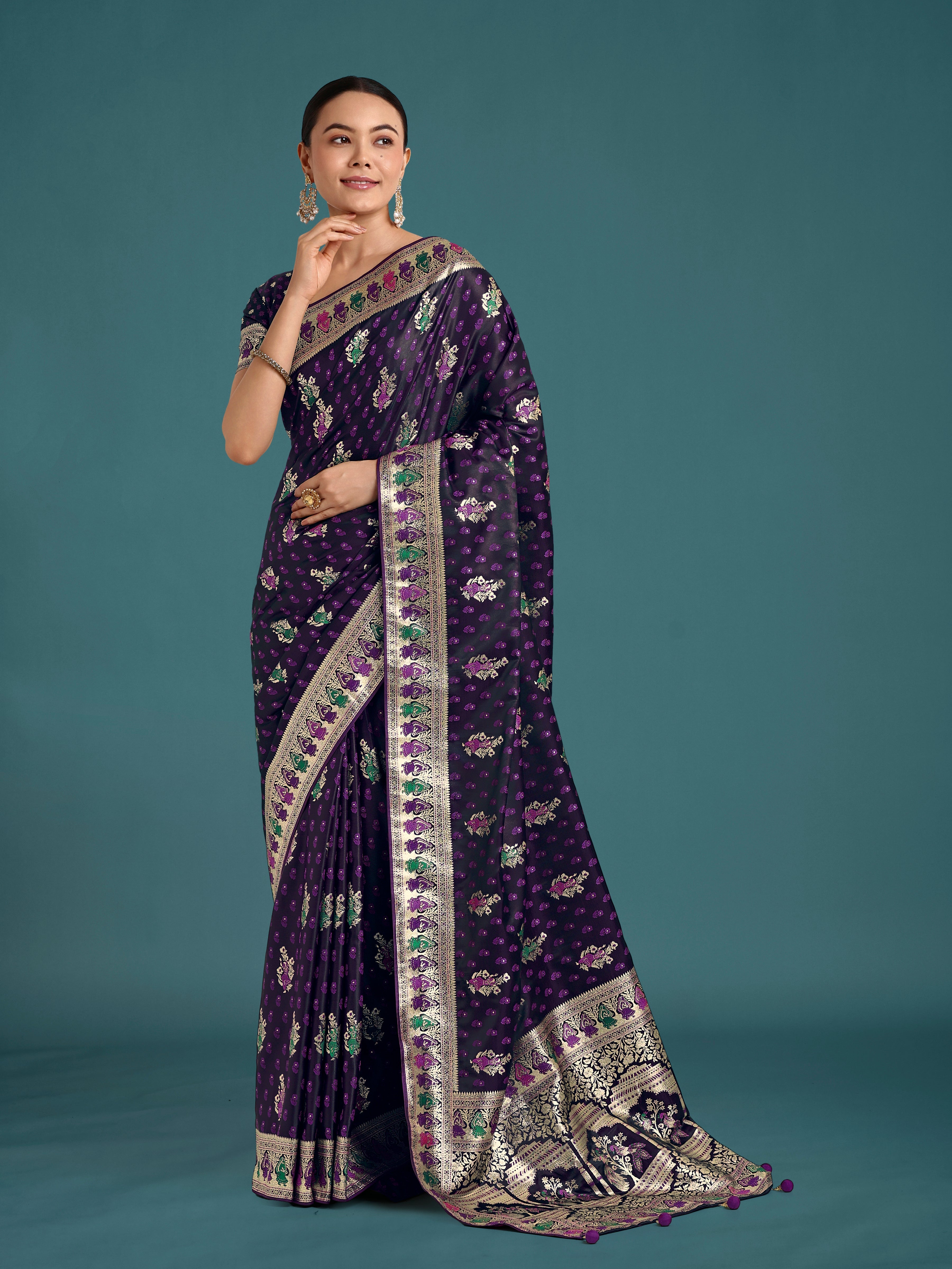 Monjolika Fashion Purple With Gold Bordar Banarasi Zari Woven Satin Saree - Distacart
