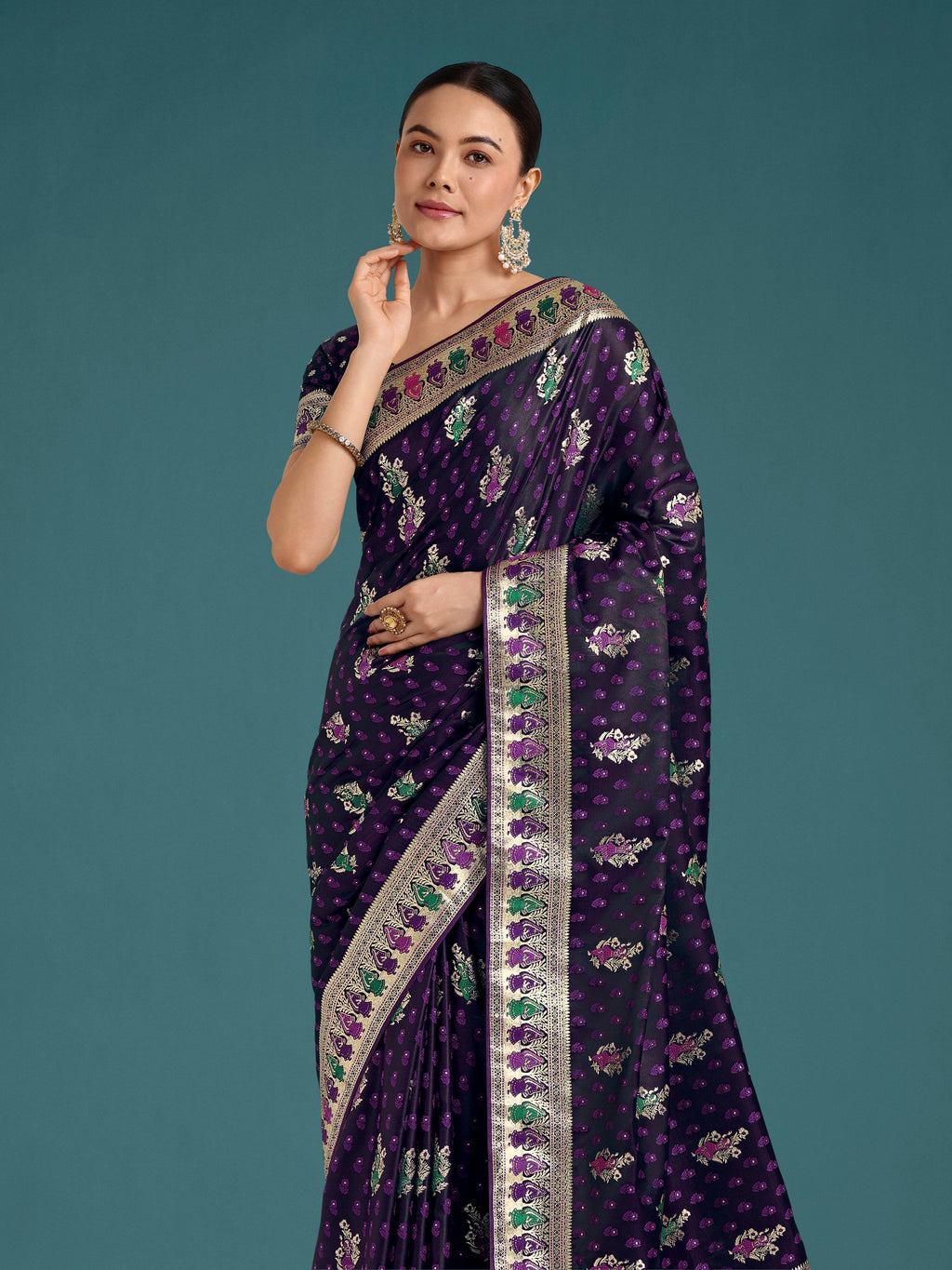 Monjolika Fashion Purple With Gold Bordar Banarasi Zari Woven Satin Saree - Distacart