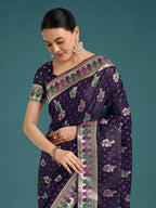 Monjolika Fashion Purple With Gold Bordar Banarasi Zari Woven Satin Saree - Distacart