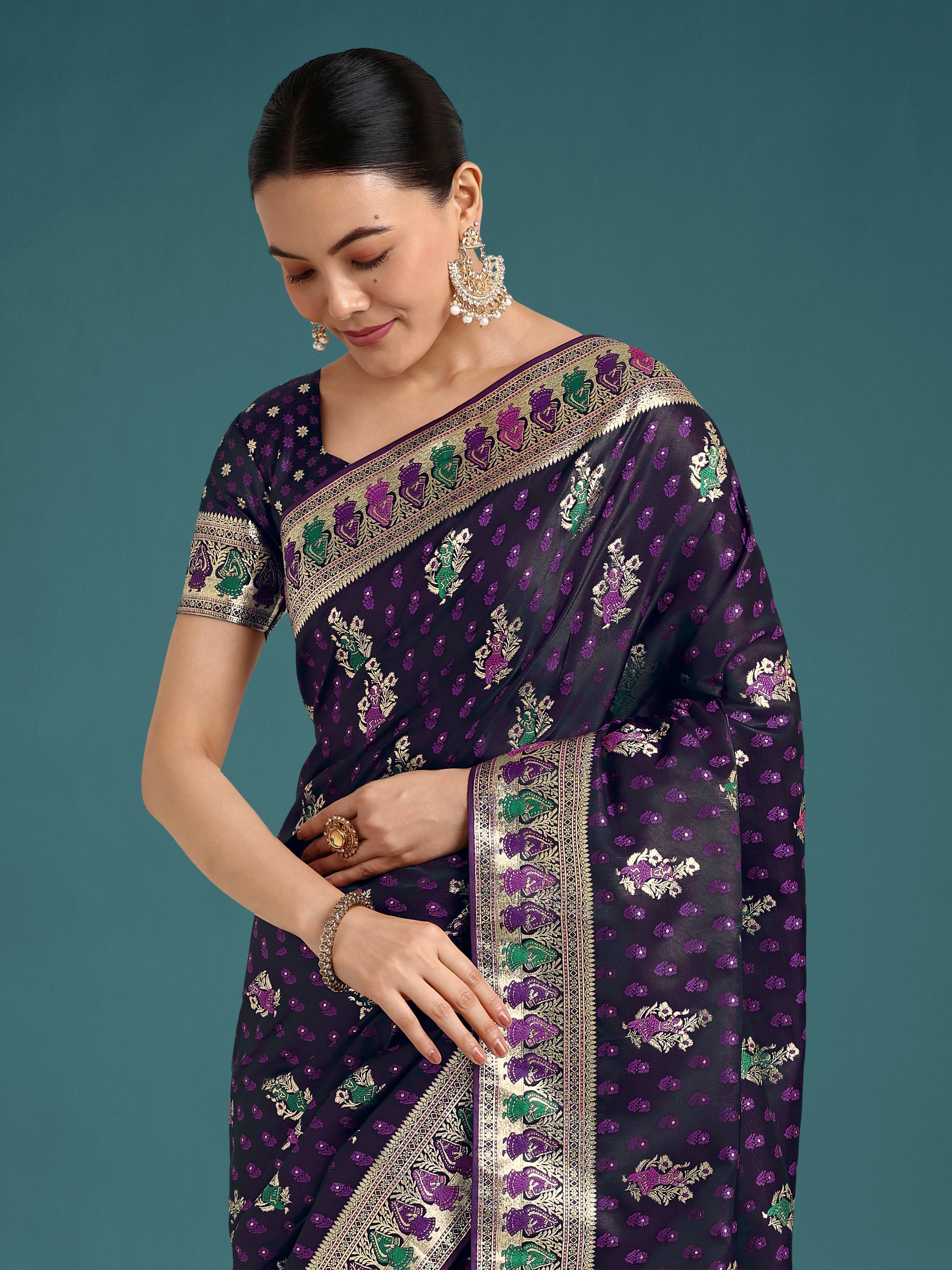 Monjolika Fashion Purple With Gold Bordar Banarasi Zari Woven Satin Saree - Distacart