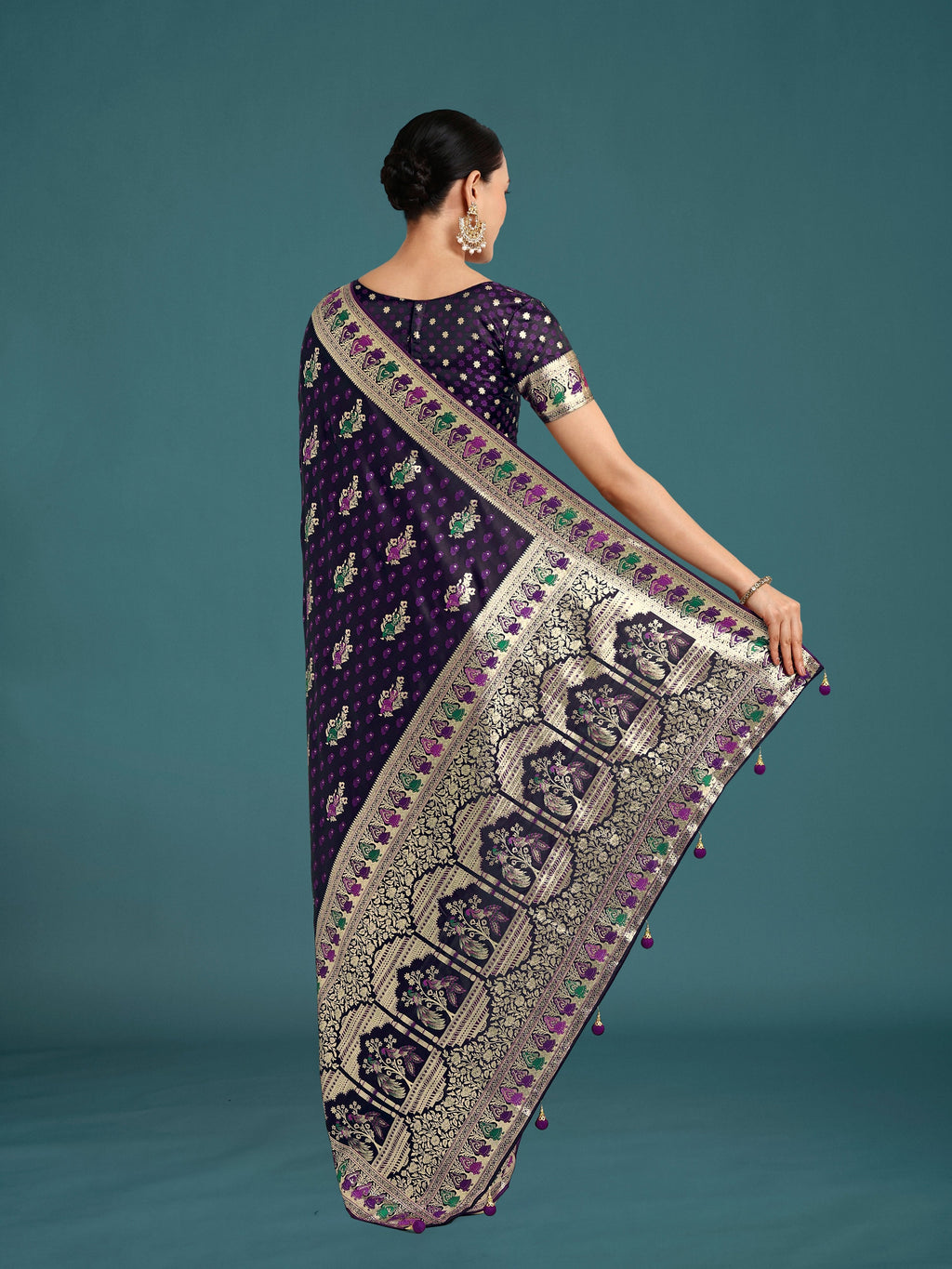 Monjolika Fashion Purple With Gold Bordar Banarasi Zari Woven Satin Saree - Distacart