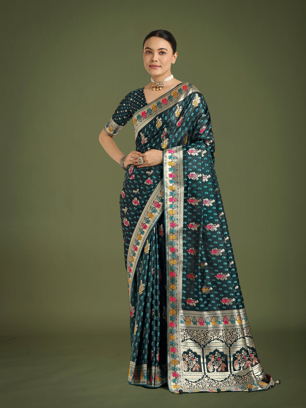 Monjolika Fashion Teal With Gold Bordar Banarasi Zari Woven Satin Saree - Distacart