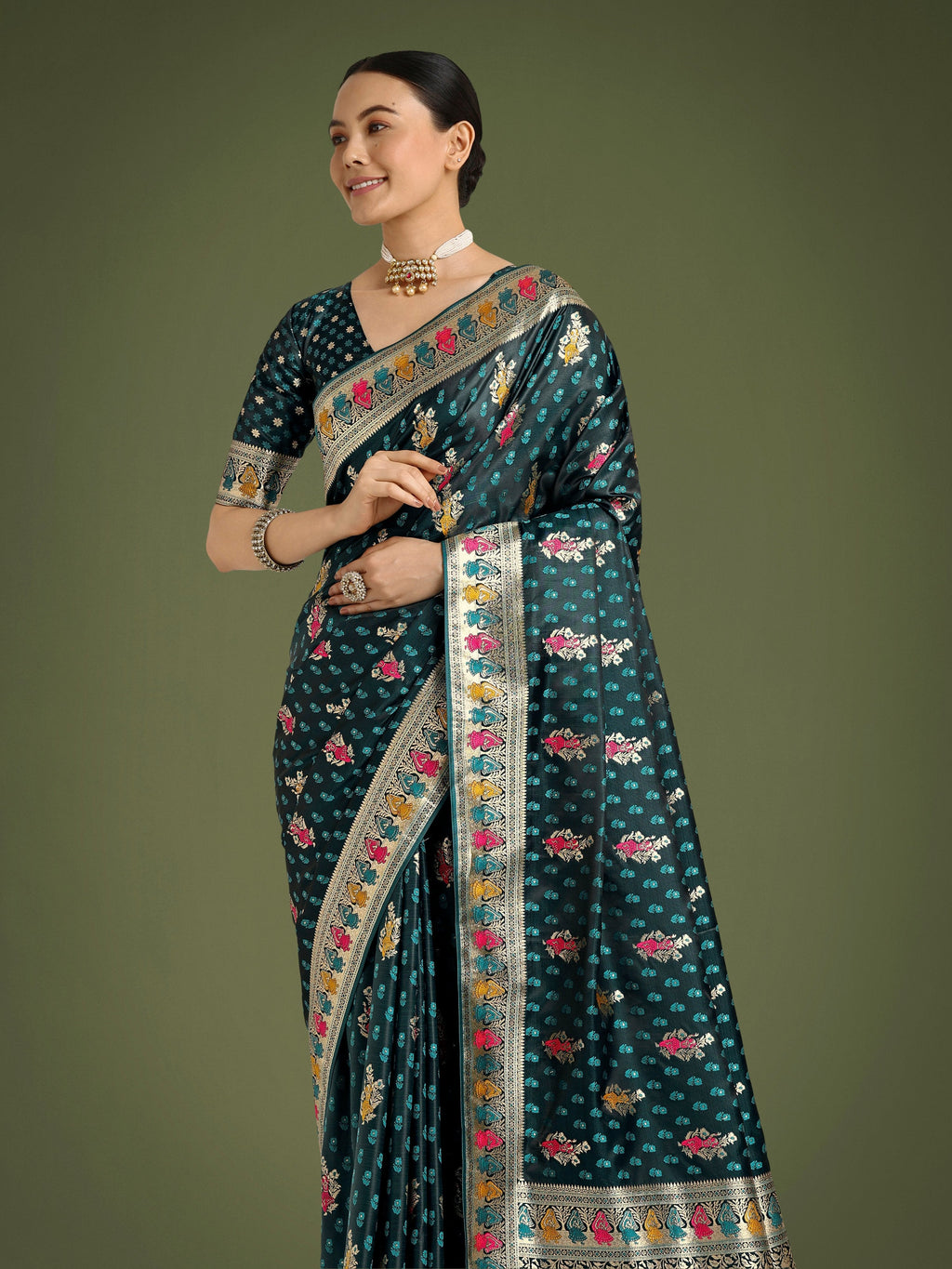 Monjolika Fashion Teal With Gold Bordar Banarasi Zari Woven Satin Saree - Distacart