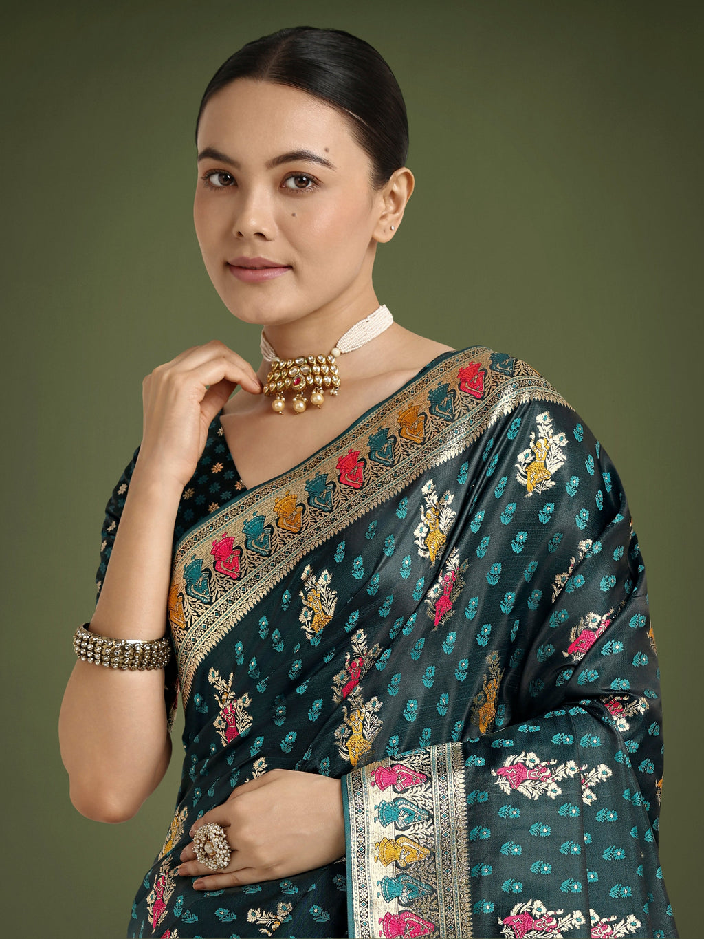 Monjolika Fashion Teal With Gold Bordar Banarasi Zari Woven Satin Saree - Distacart
