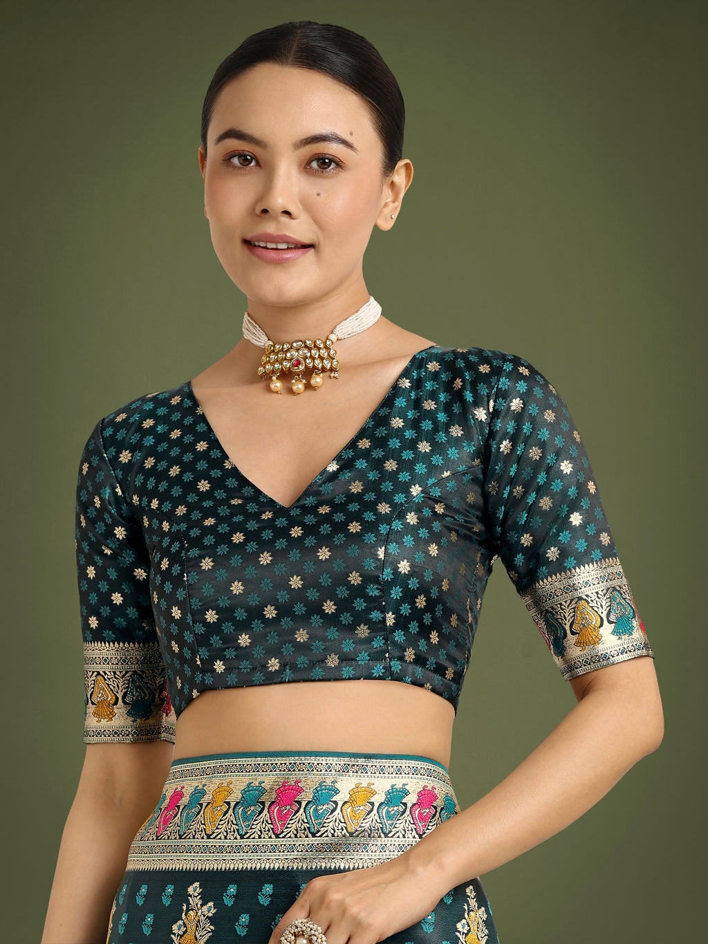 Monjolika Fashion Teal With Gold Bordar Banarasi Zari Woven Satin Saree - Distacart
