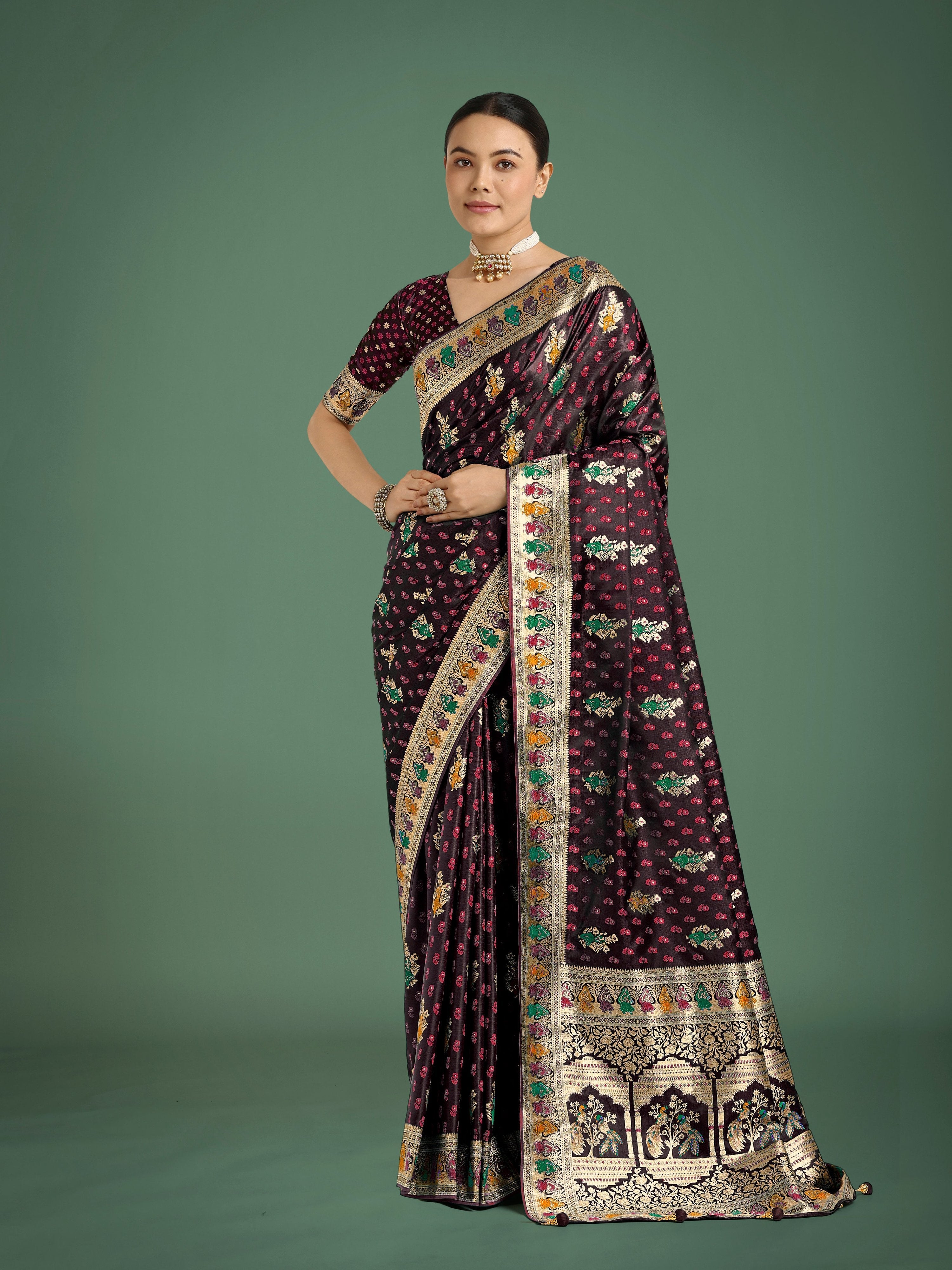 Monjolika Fashion Maroon With Gold Bordar Banarasi Zari Woven Satin Saree - Distacart