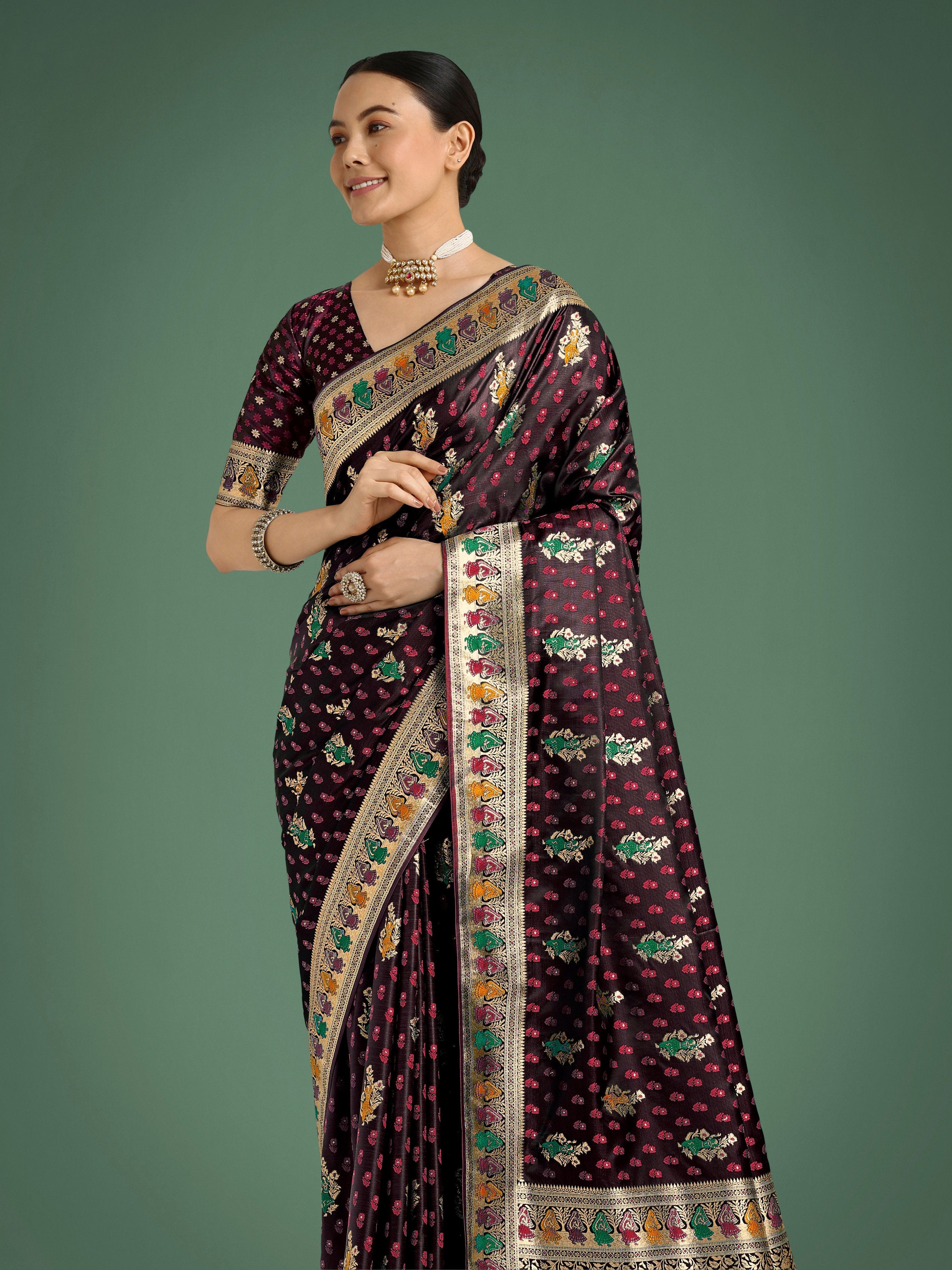 Monjolika Fashion Maroon With Gold Bordar Banarasi Zari Woven Satin Saree - Distacart