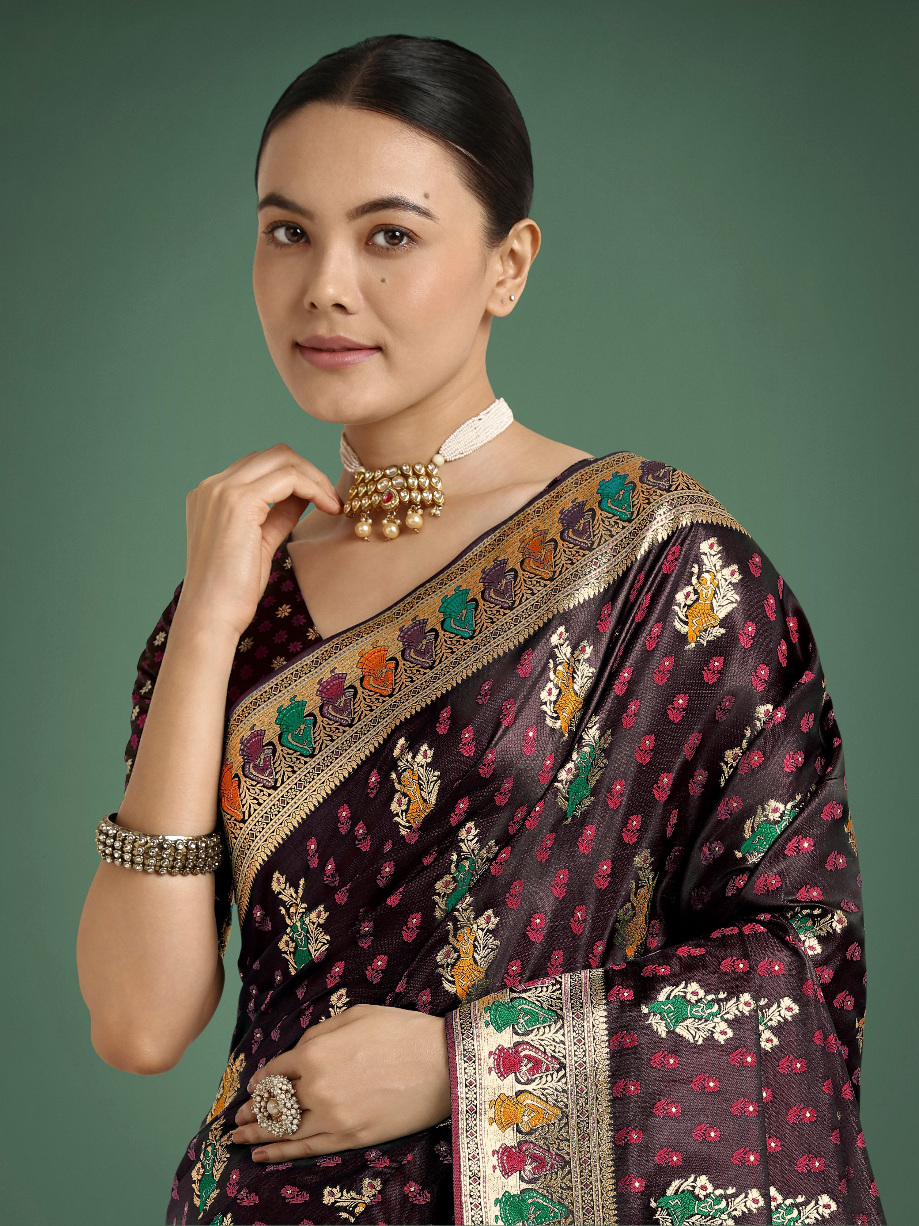 Monjolika Fashion Maroon With Gold Bordar Banarasi Zari Woven Satin Saree - Distacart
