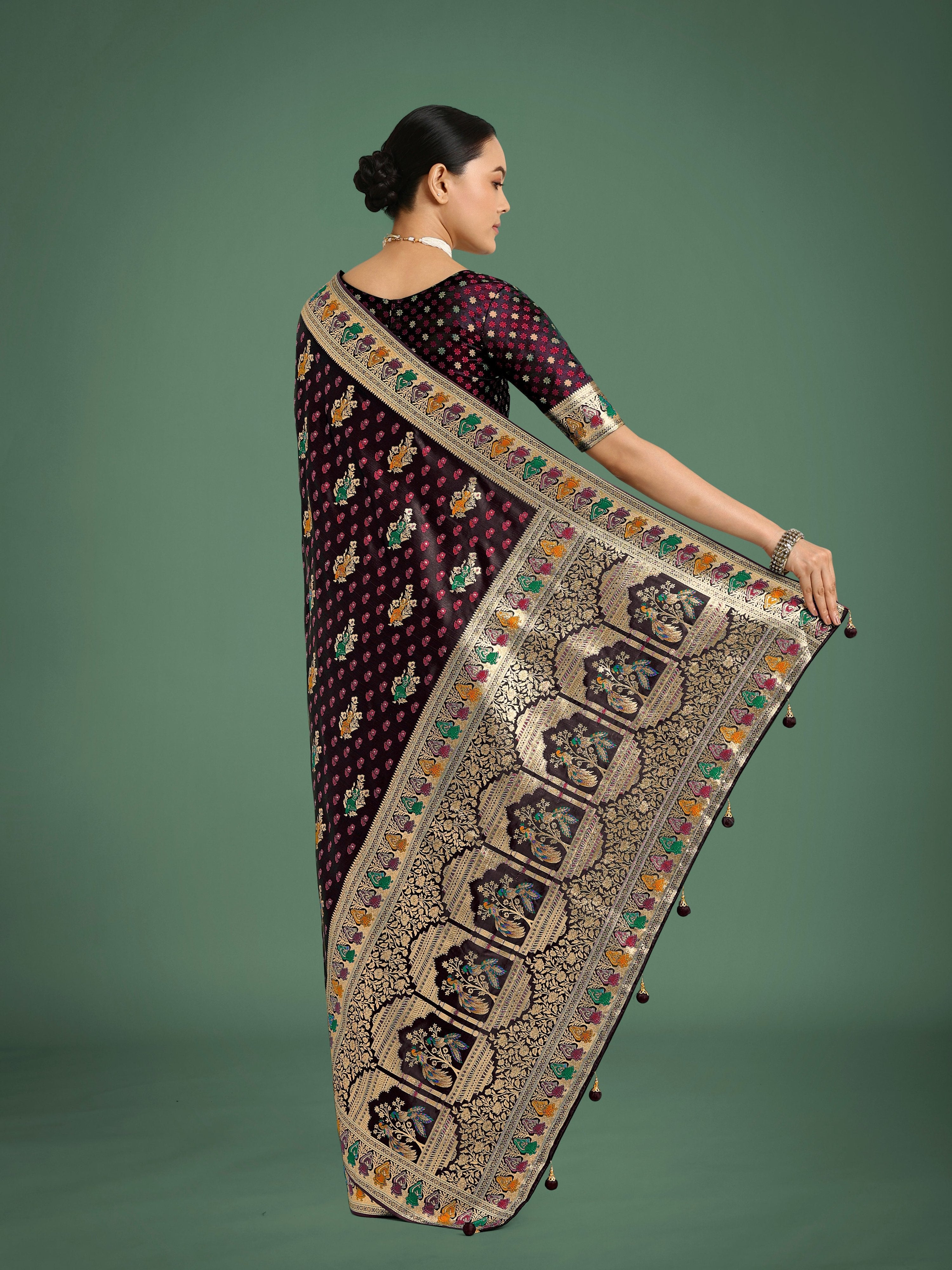 Monjolika Fashion Maroon With Gold Bordar Banarasi Zari Woven Satin Saree - Distacart