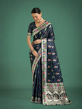 Monjolika Fashion Dark blue With Gold Bordar Banarasi Zari Woven Satin Saree - Distacart