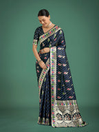 Monjolika Fashion Dark blue With Gold Bordar Banarasi Zari Woven Satin Saree - Distacart
