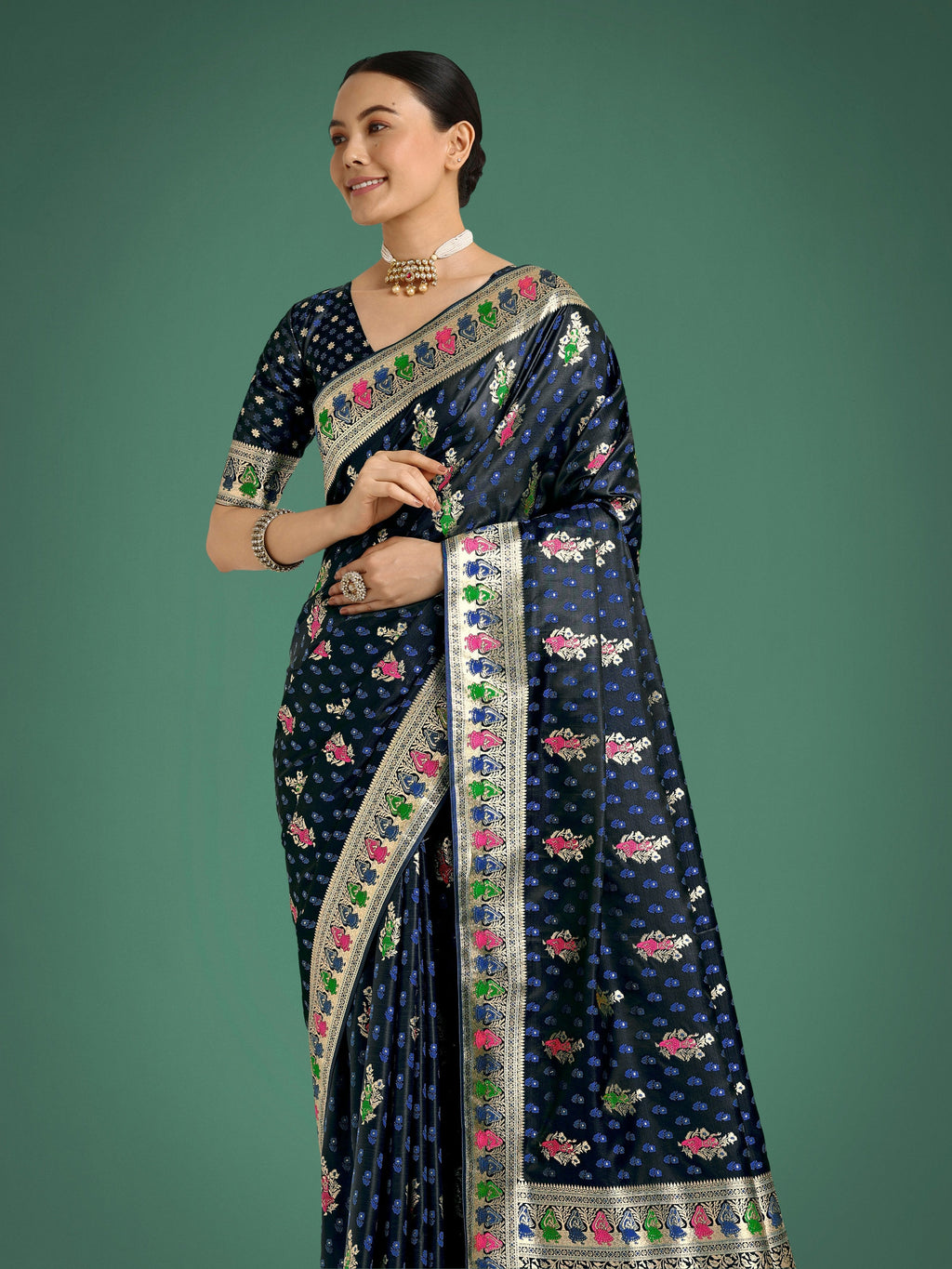 Monjolika Fashion Dark blue With Gold Bordar Banarasi Zari Woven Satin Saree - Distacart