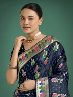 Monjolika Fashion Dark blue With Gold Bordar Banarasi Zari Woven Satin Saree - Distacart