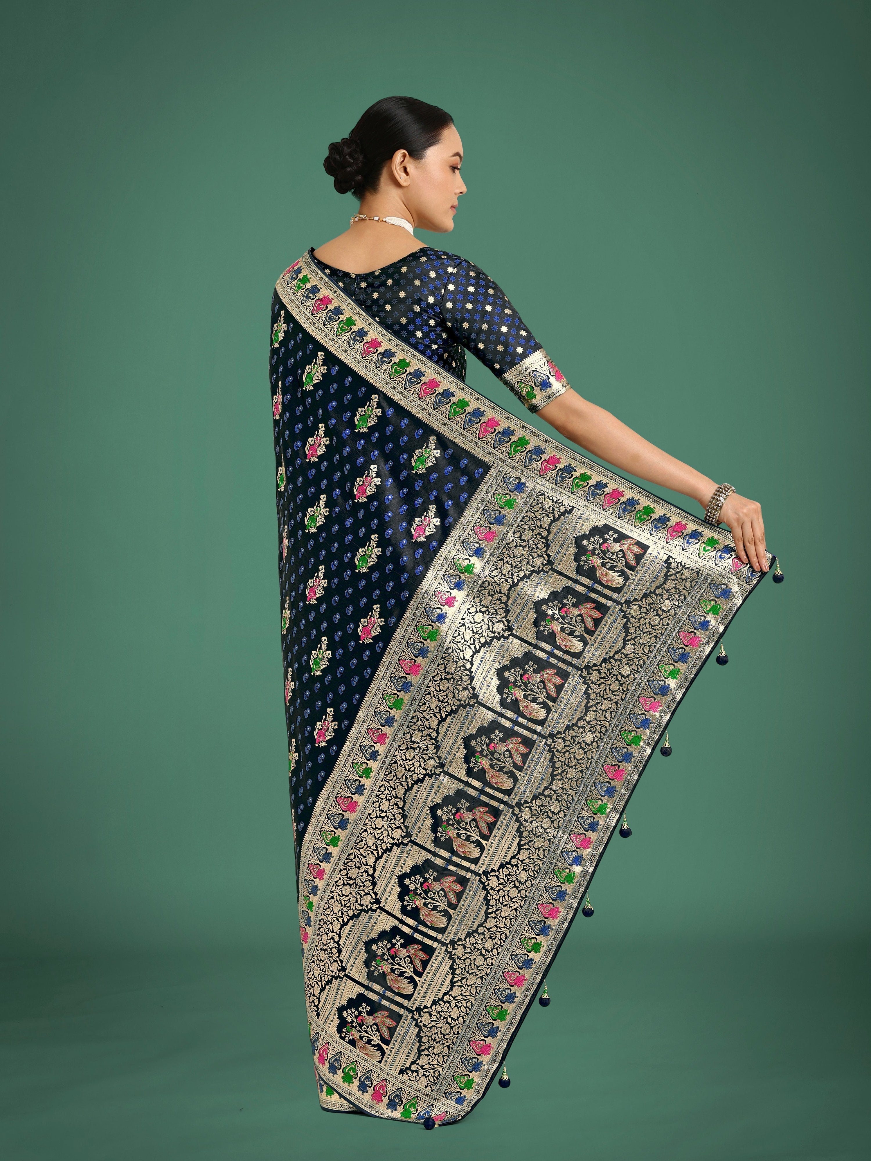 Monjolika Fashion Dark blue With Gold Bordar Banarasi Zari Woven Satin Saree - Distacart