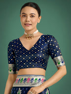 Monjolika Fashion Dark blue With Gold Bordar Banarasi Zari Woven Satin Saree - Distacart