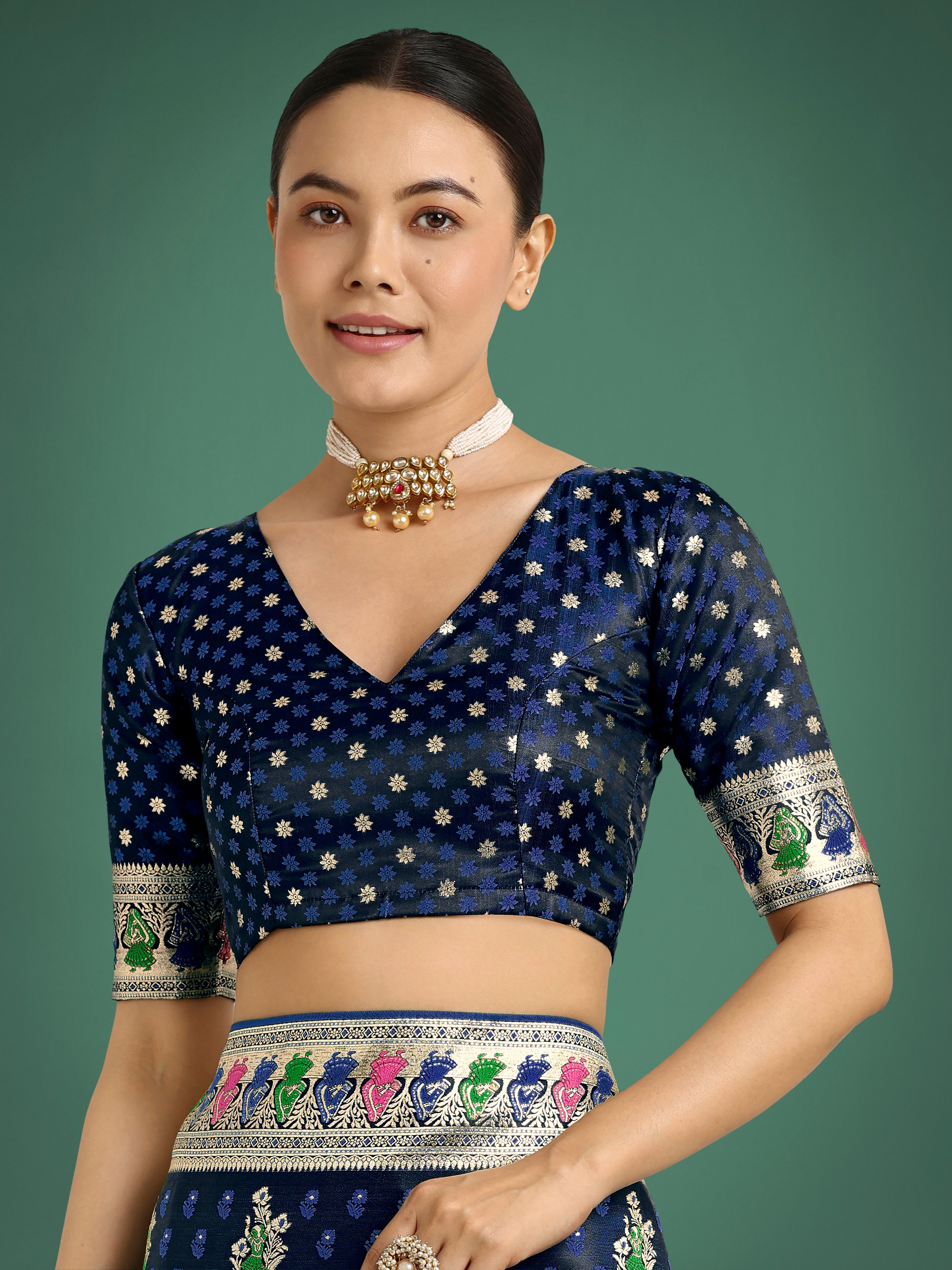 Monjolika Fashion Dark blue With Gold Bordar Banarasi Zari Woven Satin Saree - Distacart