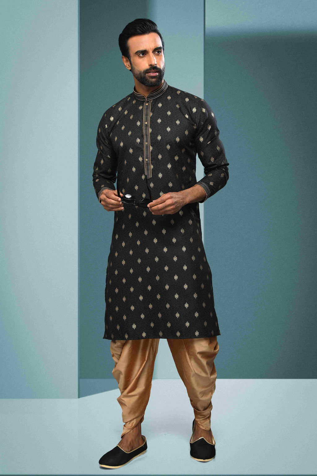 Raivat Ethnic Cotton Digital Print Pintux Work Kurta Pajama In Black Colour - Distacart