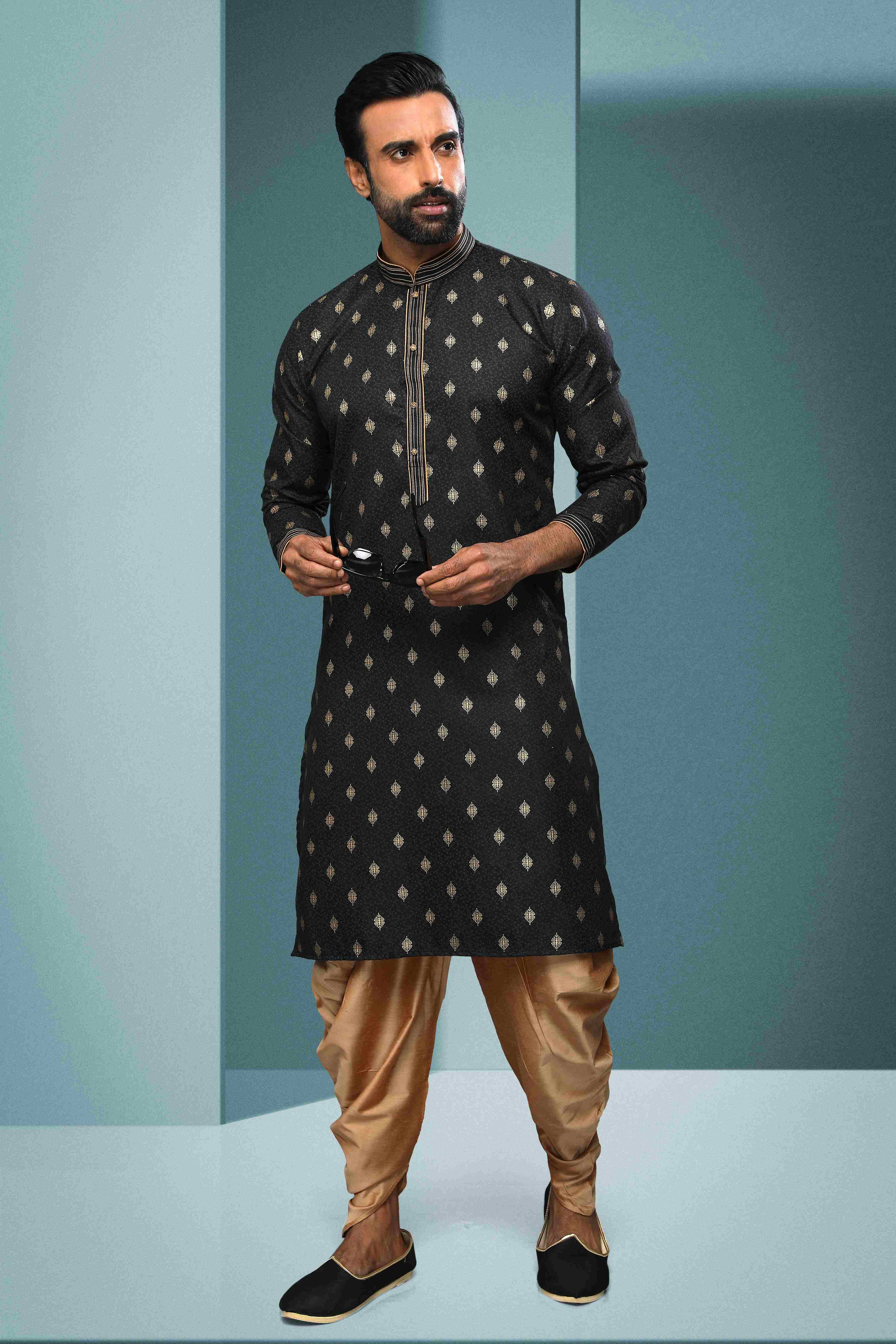 Raivat Ethnic Cotton Digital Print Pintux Work Kurta Pajama In Black Colour - Distacart