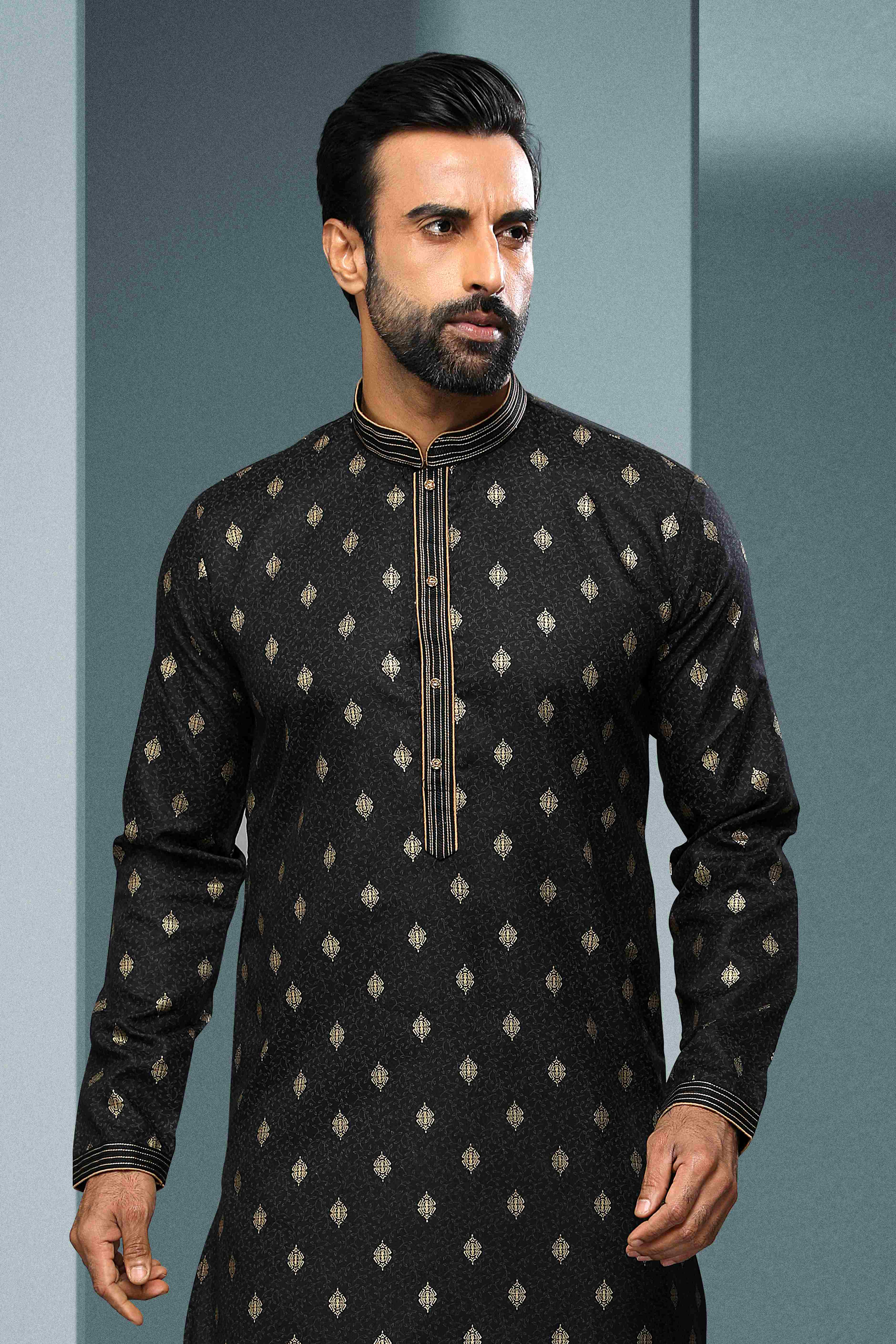 Raivat Ethnic Cotton Digital Print Pintux Work Kurta Pajama In Black Colour - Distacart
