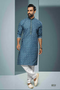 Raivat Ethnic Cotton Digital Print Mirror Work Kurta Pajama In Blue Colour