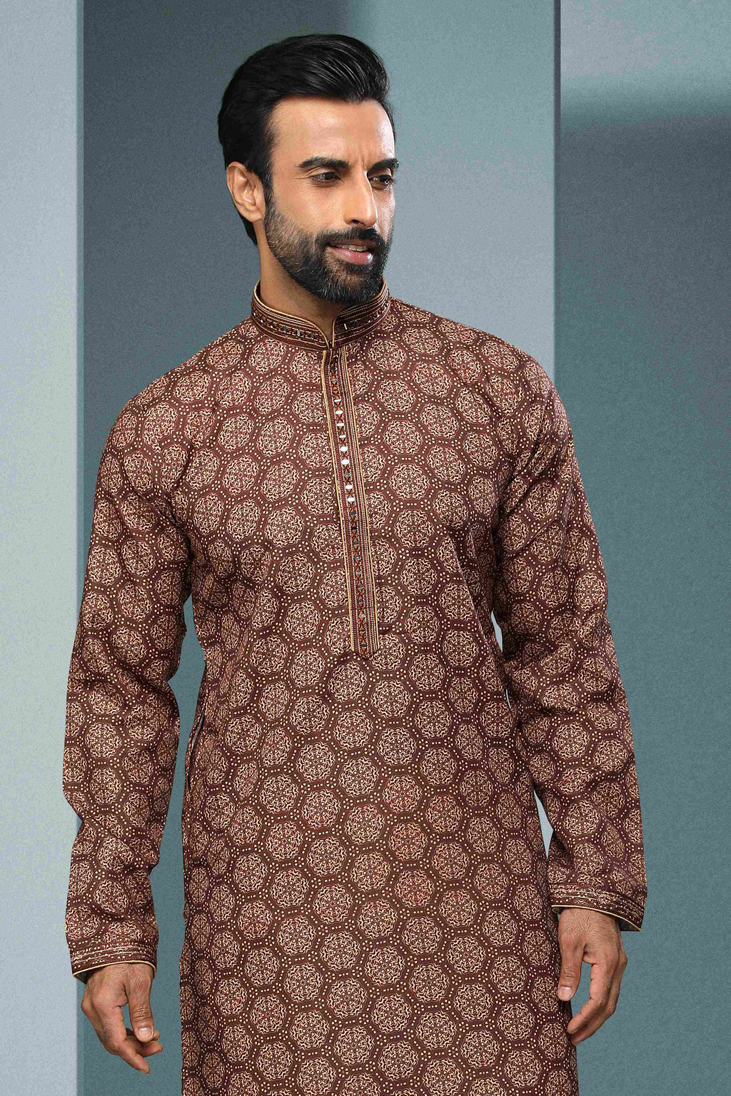 Raivat Ethnic Cotton Digital Print Mirror Work Kurta Pajama In Brown Colour