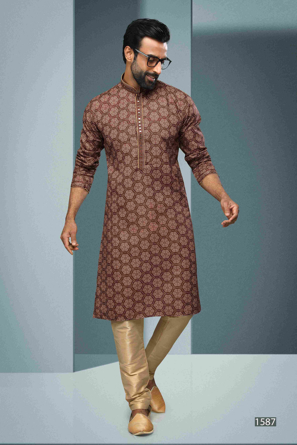 Raivat Ethnic Cotton Digital Print Mirror Work Kurta Pajama In Brown Colour