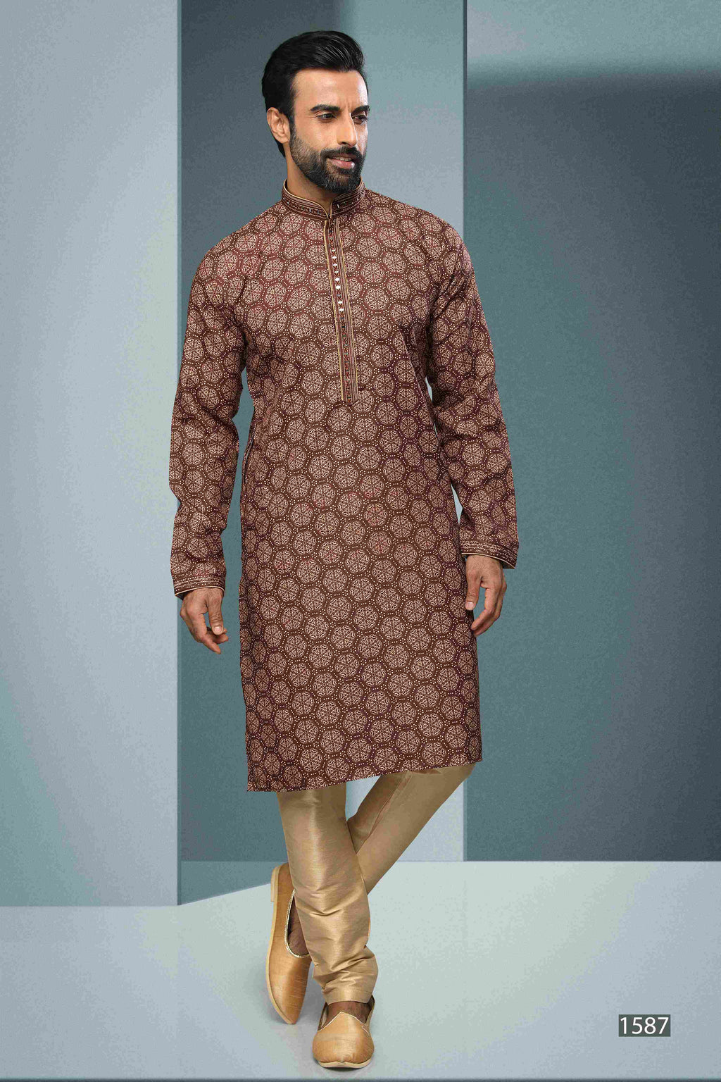 Raivat Ethnic Cotton Digital Print Mirror Work Kurta Pajama In Brown Colour