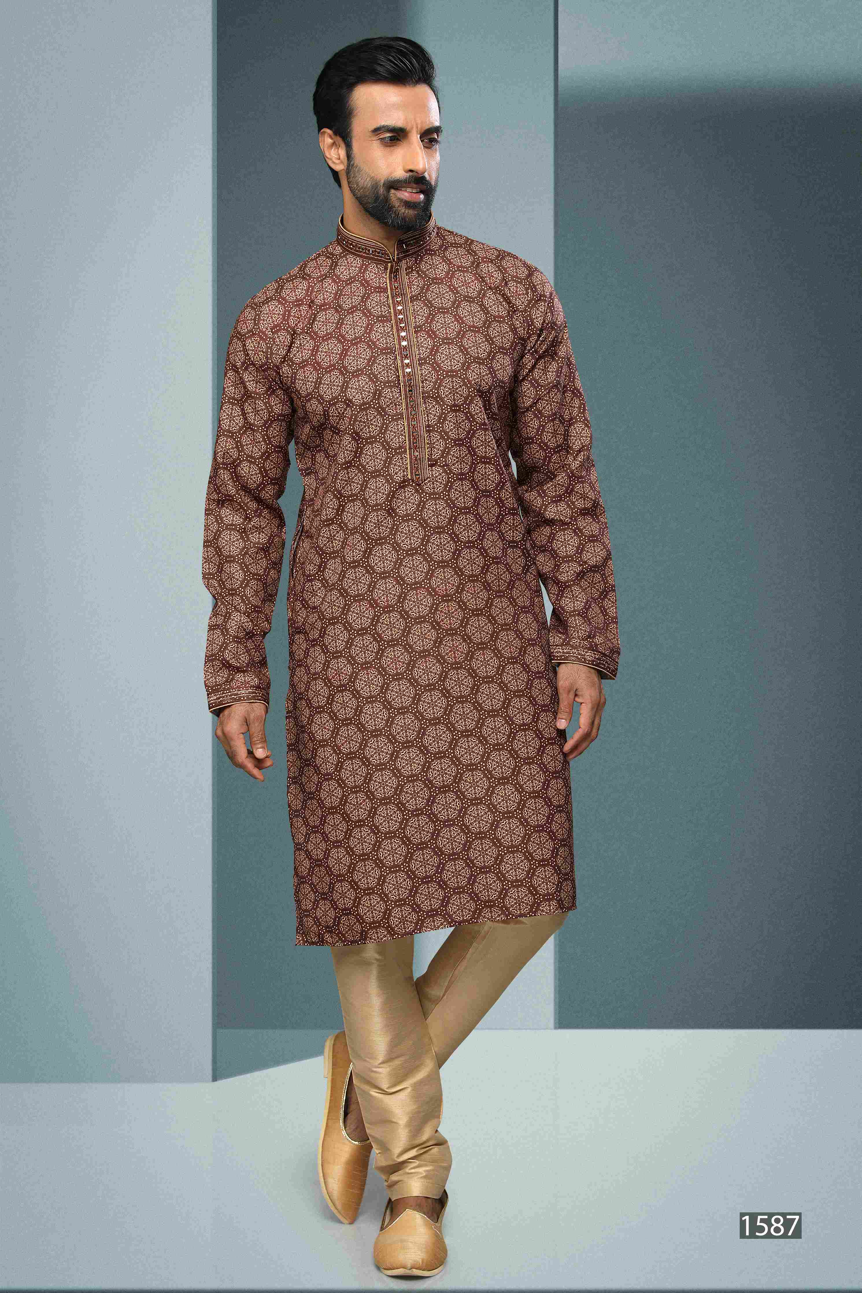 Raivat Ethnic Cotton Digital Print Mirror Work Kurta Pajama In Brown Colour