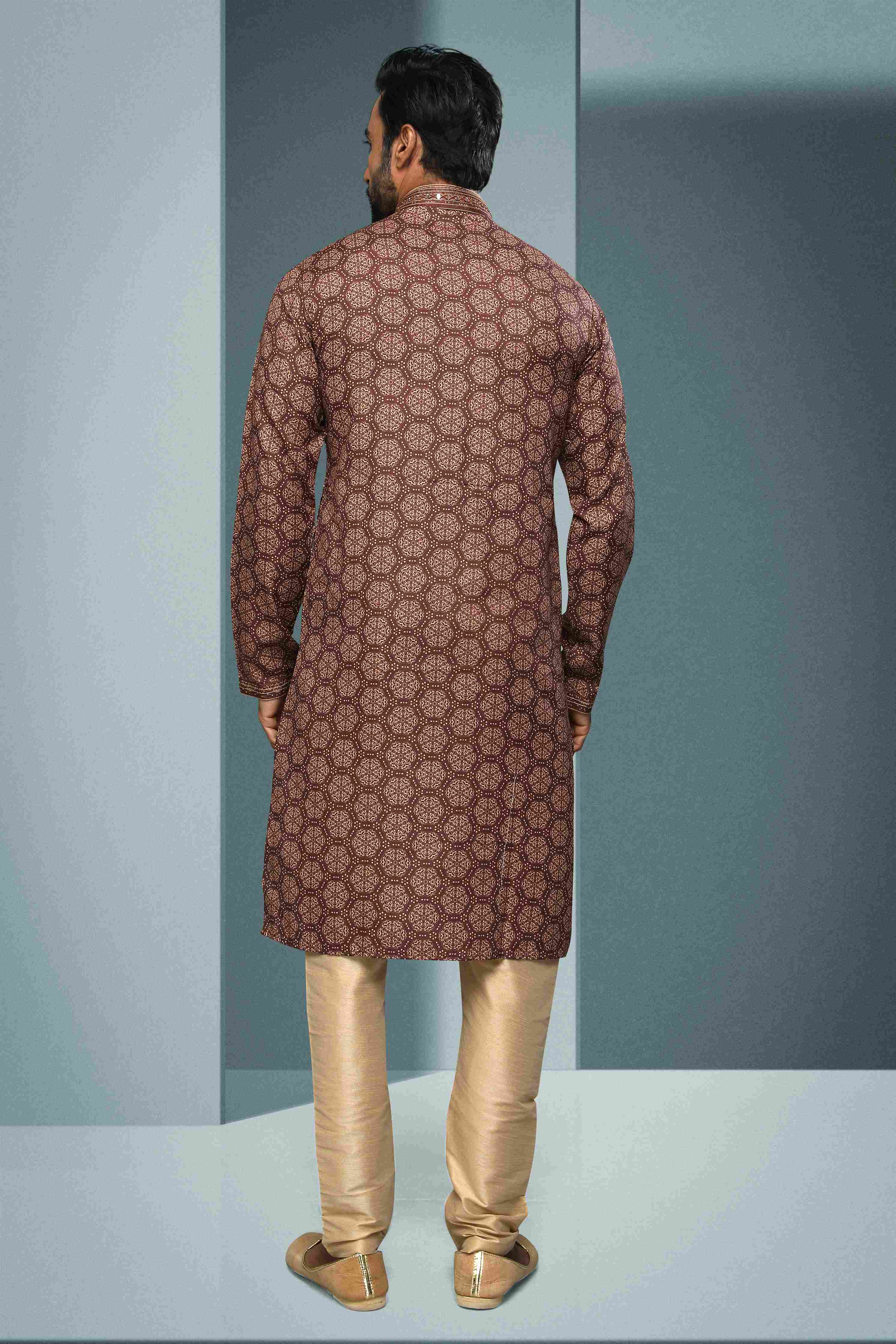 Raivat Ethnic Cotton Digital Print Mirror Work Kurta Pajama In Brown Colour