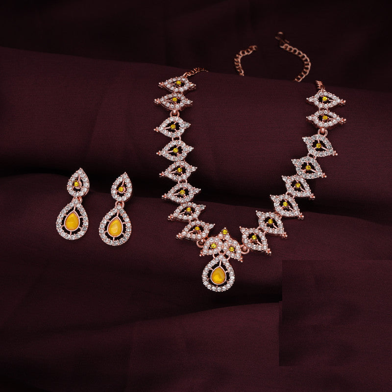 Tehzeeb Creations Yellow Colour Ad Studded Necklace Jewellery Set With Matching Earrings For Women And Girls
