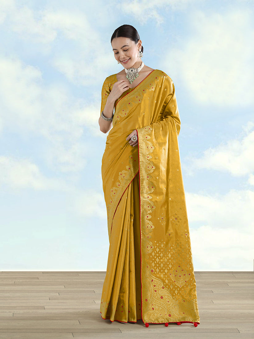 Monjolika Fashion Mustard Color Paisley Zari Woven Banarasi Tissue Silk Saree - Distacart