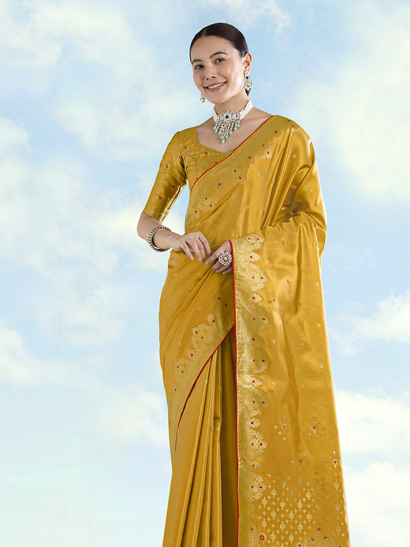 Monjolika Fashion Mustard Color Paisley Zari Woven Banarasi Tissue Silk Saree - Distacart