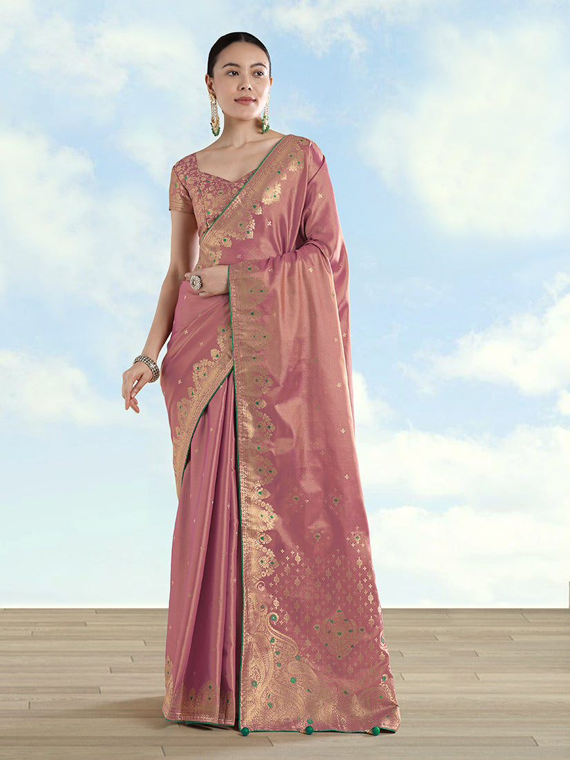 Monjolika Fashion Light Pink Color Paisley Zari Woven Banarasi Tissue Silk Saree - Distacart