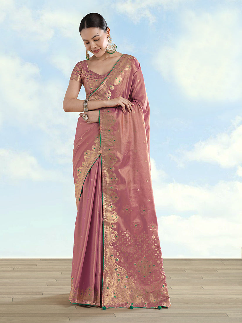 Monjolika Fashion Light Pink Color Paisley Zari Woven Banarasi Tissue Silk Saree - Distacart