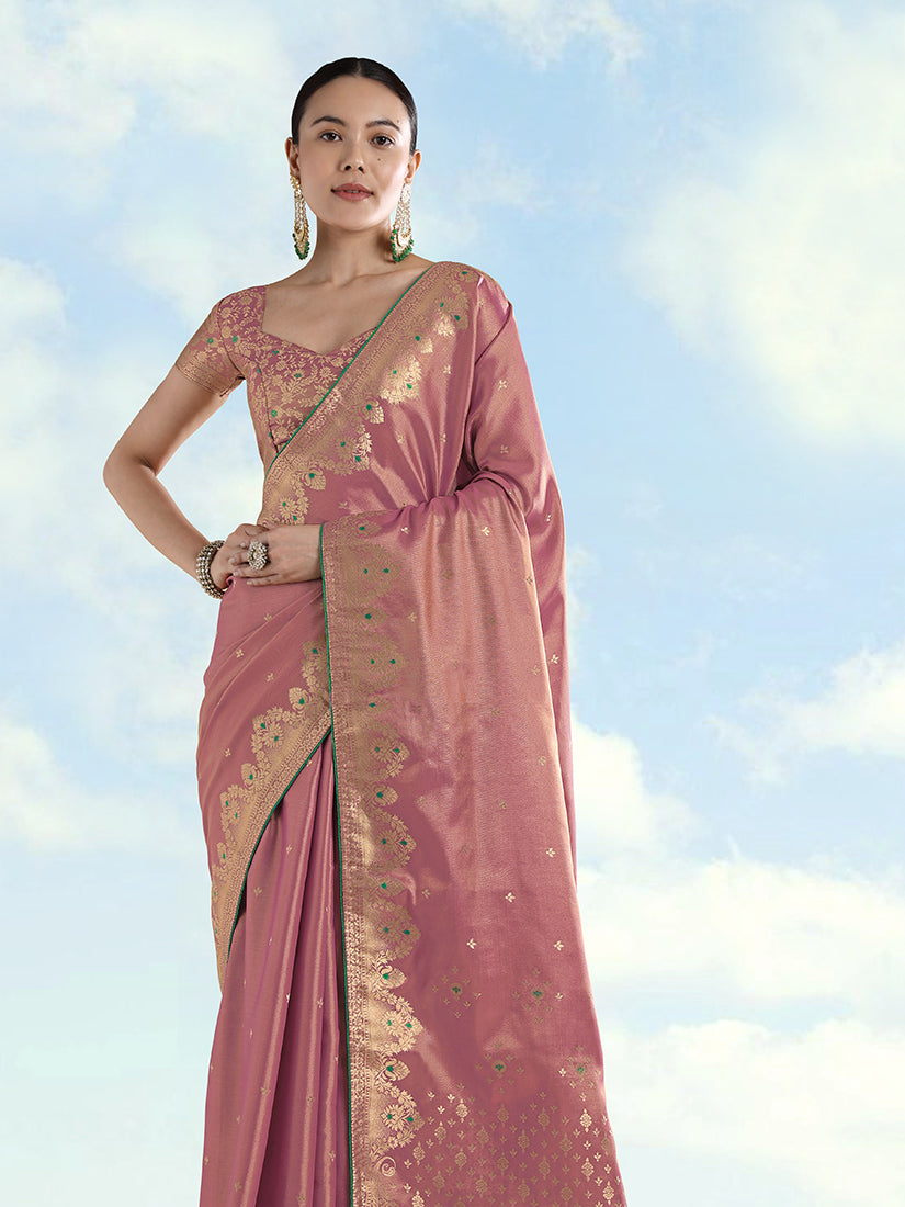 Monjolika Fashion Light Pink Color Paisley Zari Woven Banarasi Tissue Silk Saree - Distacart