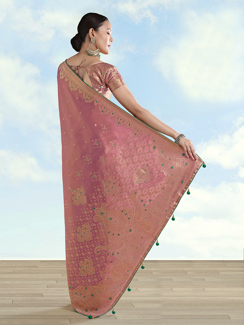 Monjolika Fashion Light Pink Color Paisley Zari Woven Banarasi Tissue Silk Saree - Distacart