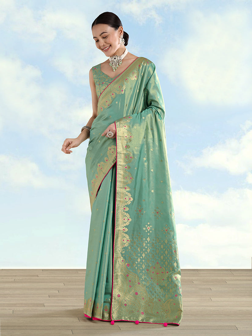 Monjolika Fashion Light Blue Color Paisley Zari Woven Banarasi Tissue Silk Saree - Distacart