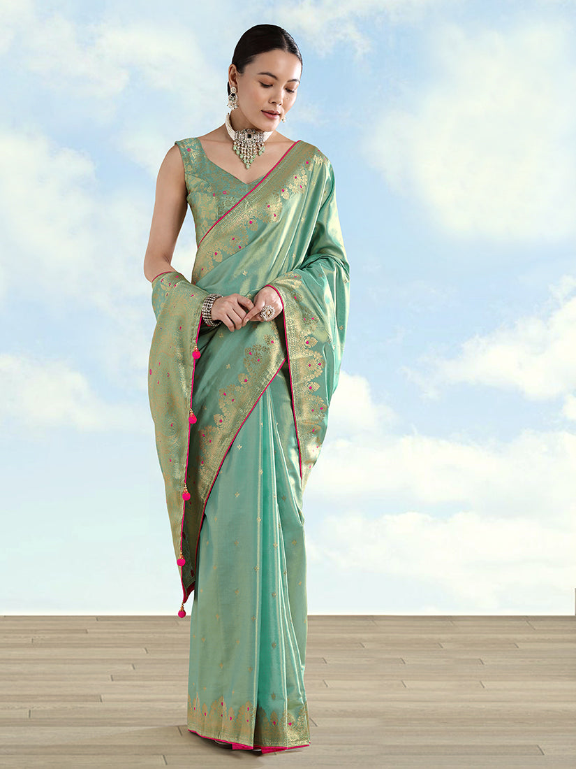 Monjolika Fashion Light Blue Color Paisley Zari Woven Banarasi Tissue Silk Saree - Distacart