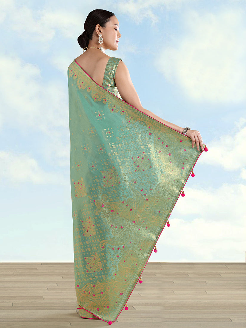 Monjolika Fashion Light Blue Color Paisley Zari Woven Banarasi Tissue Silk Saree - Distacart